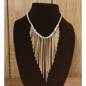 Vintage Faceted Blue White Glass Beaded Gold Tone 18-20" Chain Dangle Necklace